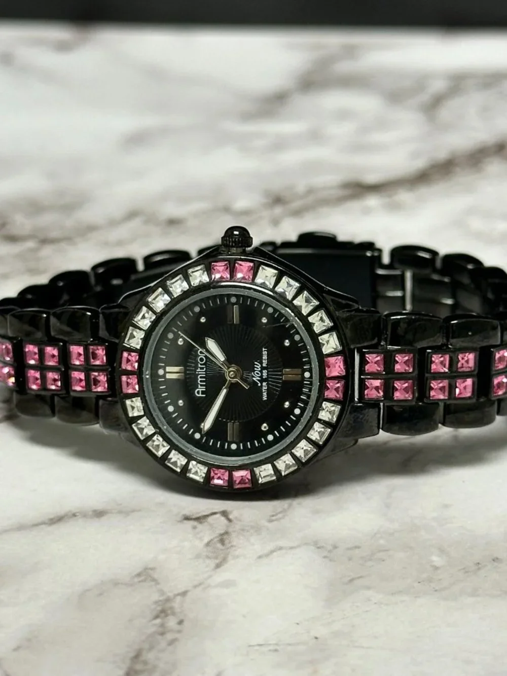 Armitron Watch Women Black Dial Pink Clear Crystal Bezel New Battery 6.5 Inch